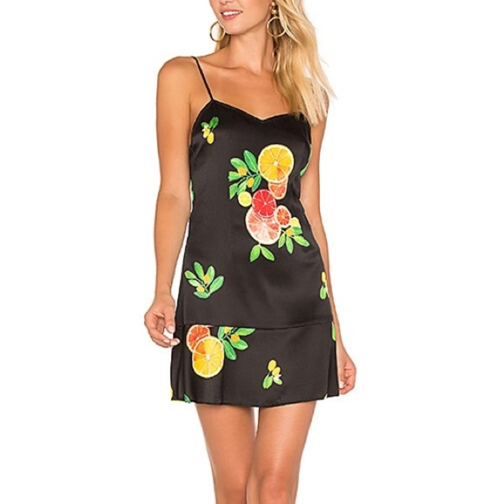 LPA Black Citrus Fruit Print Silk Mini Dress